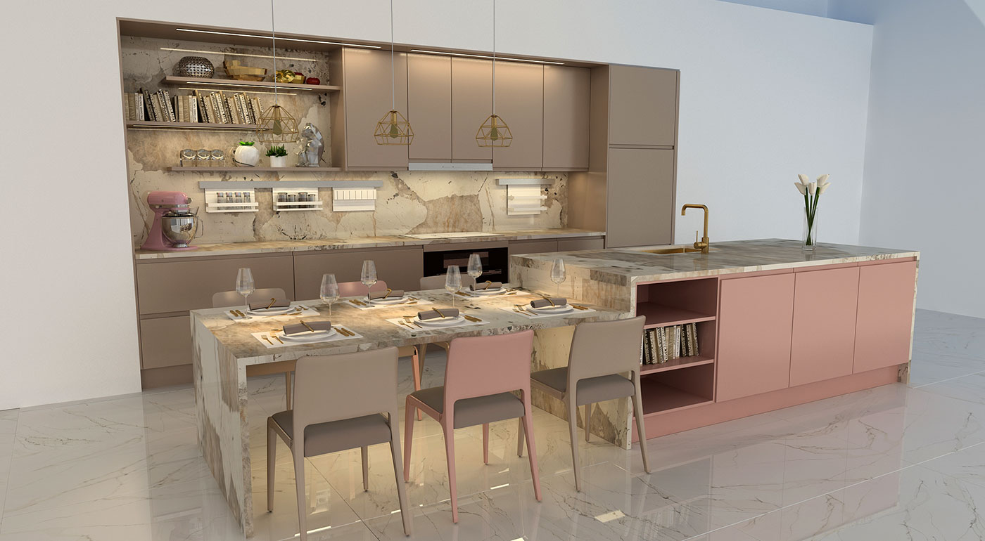 Custom color pink and beige cabinets