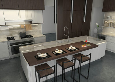 High gloss cabinets with wood accent